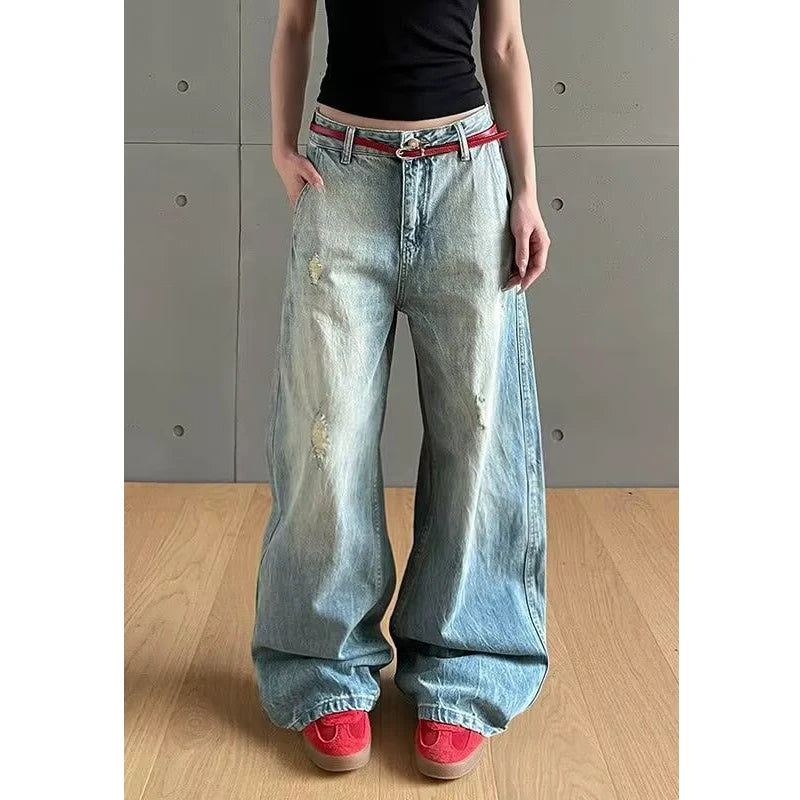 Retro American Waed Distred Knife Jeans Women Vintage High Waist Straight Leg Casual Summer Jeans ﻿