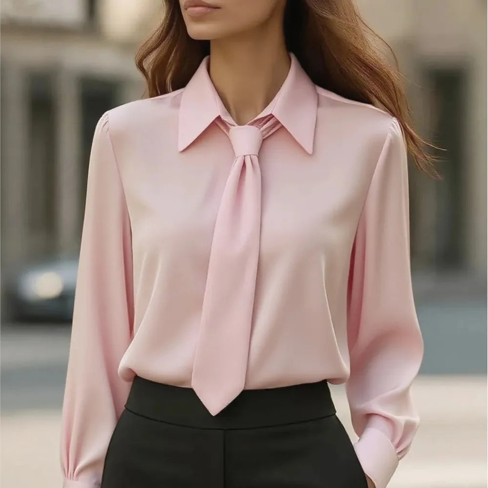 2025 New Spring Autumn Professional Shirt Fashion Casual Solid Color Long Sleeve Blouse with Tie Shirt Women's Office Clothing