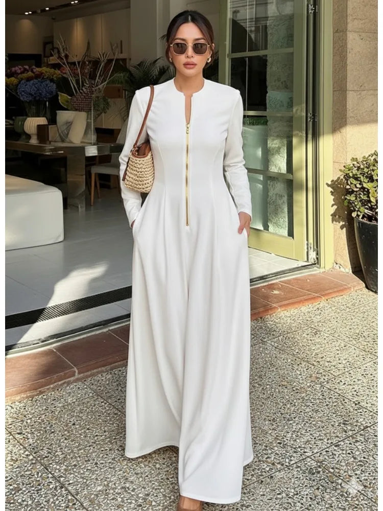 Women's Solid White Stand Collar Zip Front Waisted Long Sleeve Maxi Dress 2026 Spring Fashion Elegant Office Work Dresses