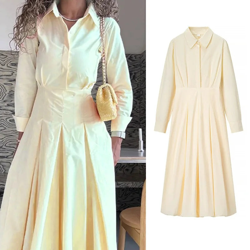 PRINTKAOIR Office Shirts Dressess for Woman Laple Waist Cinching Long Sleeve Pleated Female Dress 2025 Autumn Chic Lady Vestidos