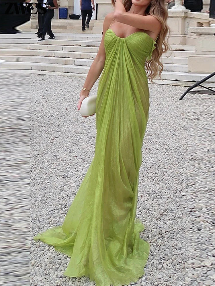 Green Pleated Party Gowns 2026 Summer New Female Sexy Off Shoulder Sleeveless Backless Sling Dresses Women's Solid Long Dress