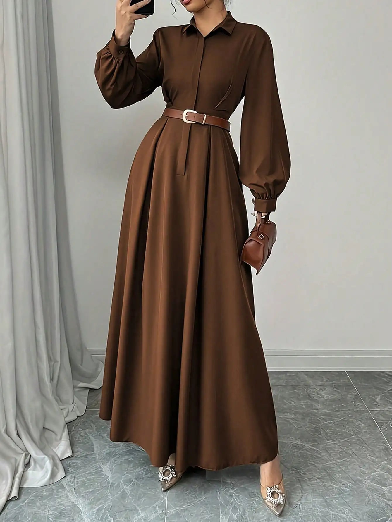 Women's Elegant Long Lantern Sleeve Office Dress Fashion Pleated A-Line Maxi Dresses Autumn 2025 Casual Long Shirt Vestidos