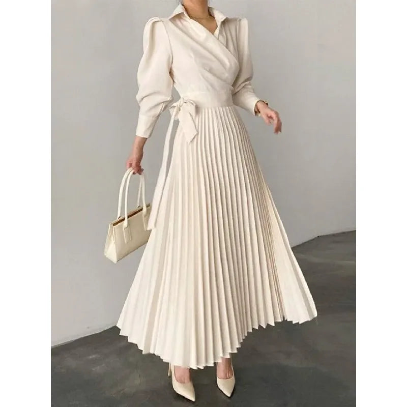 Women's Beige Lapel Collar Wrap Waisted Pleated Maxi Dress 2026 Spring New Puff Sleeves High Waist A-line Pleated Party Dresses